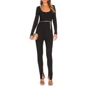 MISHA Black Bodycon Catsuit MEDIUM Designer Split Hem Jumpsuit Cocktail $379 NEW